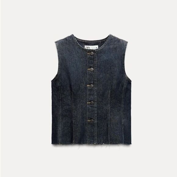 Zara Denim Vest Jean Button Down Tank Top Dark Wash Size Small - Picture 1 of 10